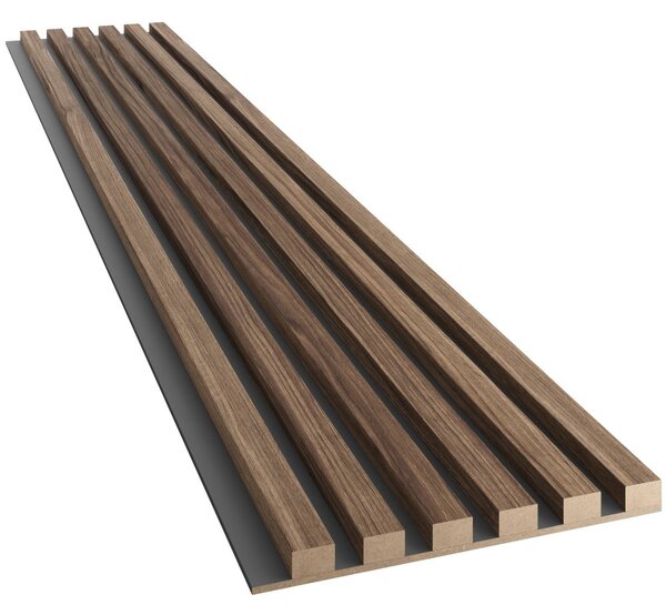 Akustický panel, podklad MDF doska, úzka lamela, orech, 30x275 cm