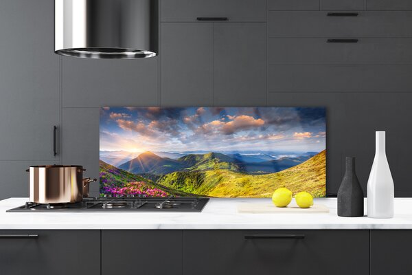 Sklenený obklad Do kuchyne Hory slnko lúka krajina 125x50 cm
