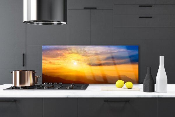Sklenený obklad Do kuchyne Hory slnko mraky príroda 125x50 cm