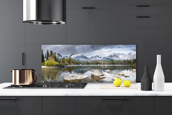 Sklenený obklad Do kuchyne Jazero hory les príroda 125x50 cm