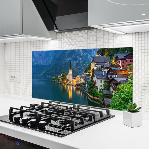 Sklenený obklad Do kuchyne Hory mestečko noc jazero 120x60 cm