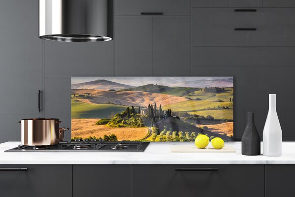 Sklenený obklad Do kuchyne Príroda vrchoviny lúky domček 125x50 cm