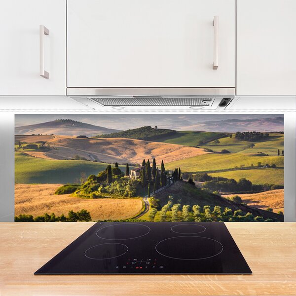 Sklenený obklad Do kuchyne Príroda vrchoviny lúky domček 125x50 cm