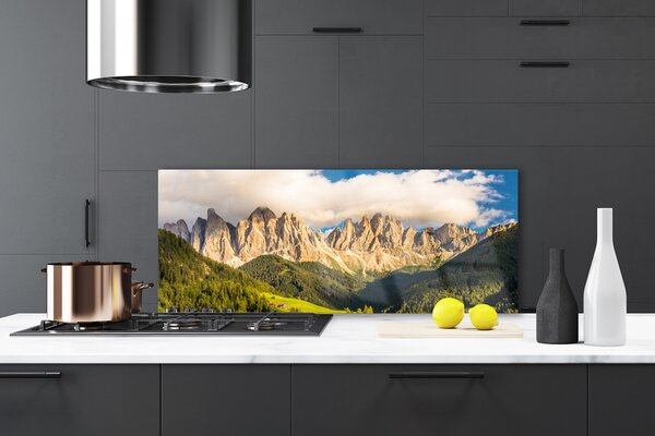 Sklenený obklad Do kuchyne Vrcholy hor mraky lesy lúka 125x50 cm