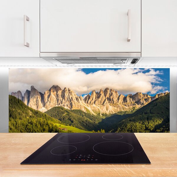Sklenený obklad Do kuchyne Vrcholy hor mraky lesy lúka 125x50 cm
