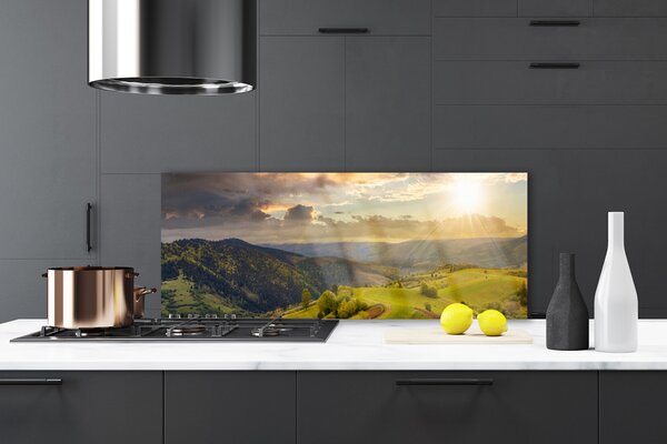 Sklenený obklad Do kuchyne Hory lúka západ slnka 125x50 cm