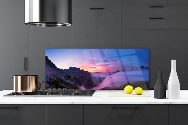 Sklenený obklad Do kuchyne Hmla hory východ slnka 125x50 cm