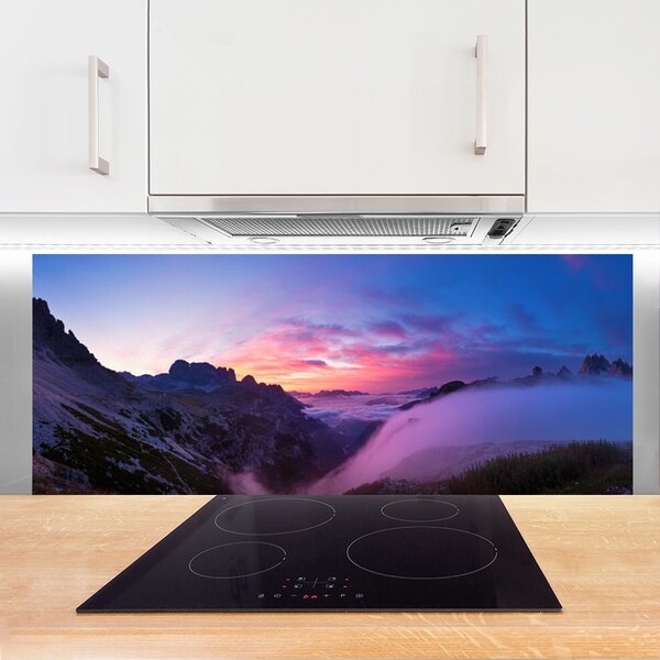 Sklenený obklad Do kuchyne Hmla hory východ slnka 125x50 cm