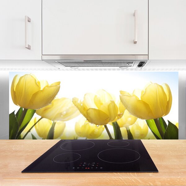 Sklenený obklad Do kuchyne Tulipány kvety lúče 125x50 cm