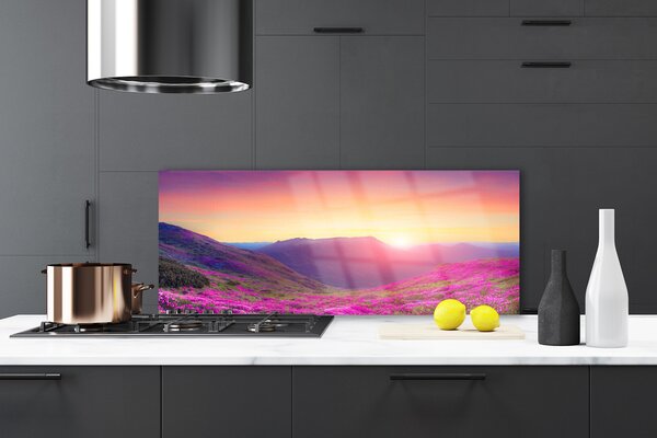 Sklenený obklad Do kuchyne Slnko hory lúka príroda 125x50 cm