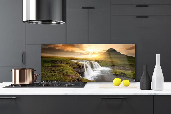 Sklenený obklad Do kuchyne Hory vodopád príroda 125x50 cm