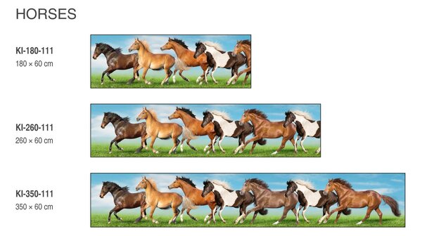 DIMEX | Fototapeta do kuchyne Stádo koní KI-350-111 | 350 x 60 cm | zelená, modrá, hnedá