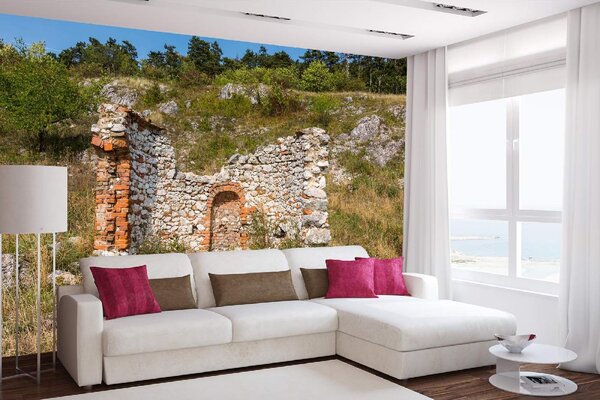 DIMEX | Vliesové fototapety na stenu Zrúcanina kaplnka MS-5-1200 | 375 x 250 cm | zelená, béžová, oranžová