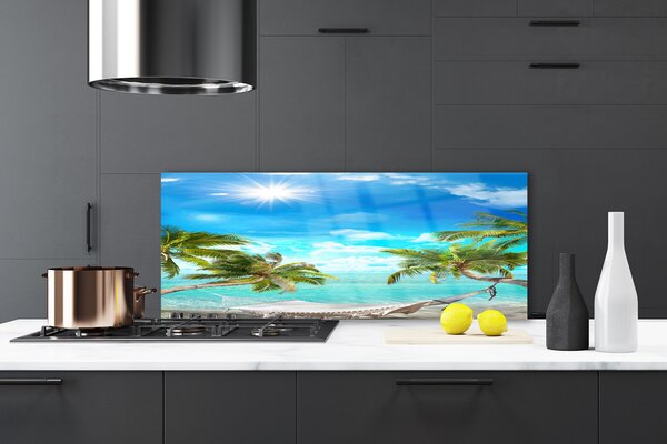 Sklenený obklad Do kuchyne Tropické palmy hamaka pláž 125x50 cm