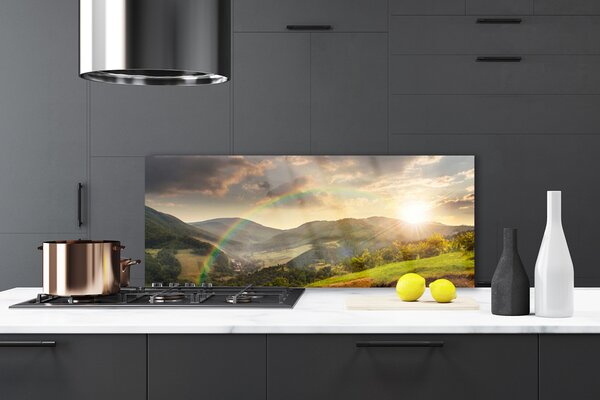 Sklenený obklad Do kuchyne Lúka hory západ slnka 125x50 cm