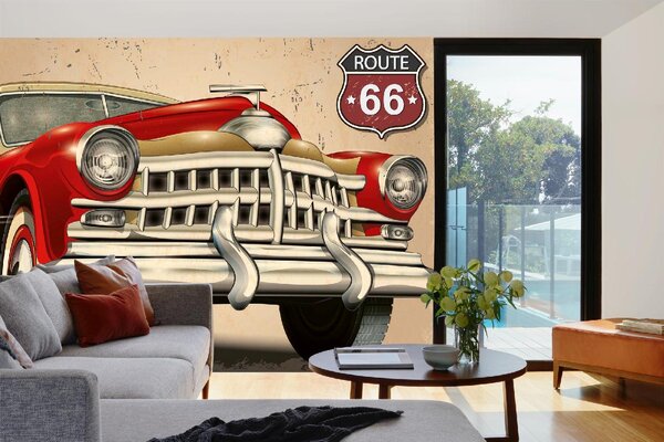 DIMEX | Vliesové fototapety na stenu Retro plagát - automobil MS-5-2147 | 375 x 250 cm | červená, biela, čierna, šedá