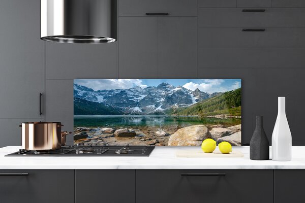 Sklenený obklad Do kuchyne Hory les jazero kamene 125x50 cm