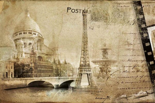 DIMEX | Vliesové fototapety na stenu Retro parížska pohľadnica MS-5-2132 | 375 x 250 cm | béžová, čierna, hnedá