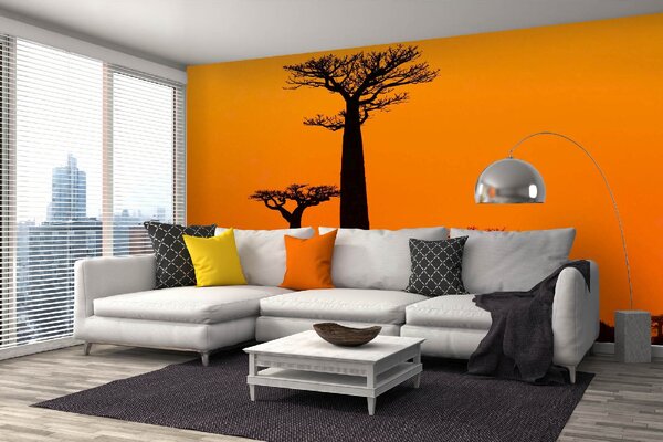 DIMEX | Vliesové fototapety na stenu Baobab pri západe slnka MS-5-1841 | 375 x 250 cm | čierna, oranžová