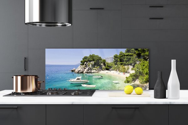 Sklenený obklad Do kuchyne More pláž skaly lode 125x50 cm