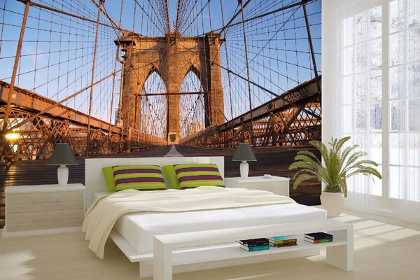 DIMEX | Vliesové fototapety na stenu Brooklyn Bridge pri východe slnka MS-5-2964 | 375 x 250 cm | modrá, biela, hnedá