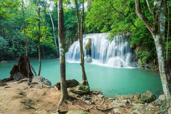DIMEX | Vliesové fototapety na stenu Erawan Falls, Thajsko MS-5-3172 | 375 x 250 cm | zelená, biela, hnedá