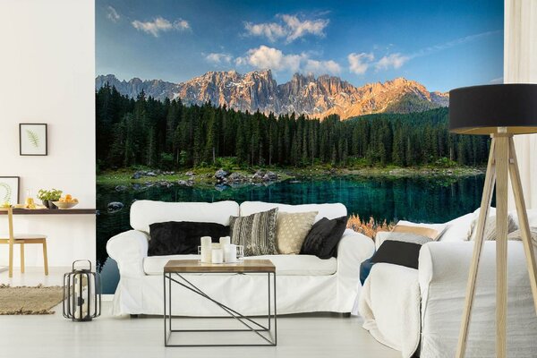 DIMEX | Vliesové fototapety na stenu Lago di Carezza MS-5-3076 | 375 x 250 cm | zelená, modrá, hnedá