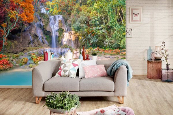 DIMEX | Vliesové fototapety na stenu Vodopád v dažďovom pralese MS-5-3188 | 375 x 250 cm | zelená, modrá, oranžová