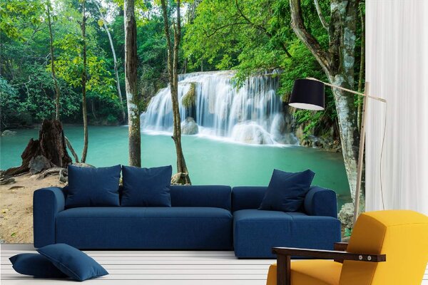 DIMEX | Vliesové fototapety na stenu Erawan Falls, Thajsko MS-5-3172 | 375 x 250 cm | zelená, biela, hnedá