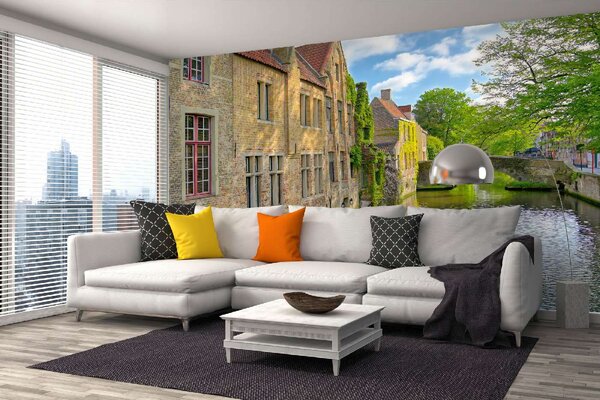 DIMEX | Vliesové fototapety na stenu Kanály Brugges MS-5-1010 | 375 x 250 cm | zelená, vicefarebná, modrá, béžová