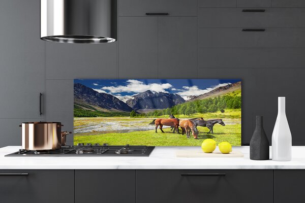 Sklenený obklad Do kuchyne Hory stromy kone zvieratá 125x50 cm