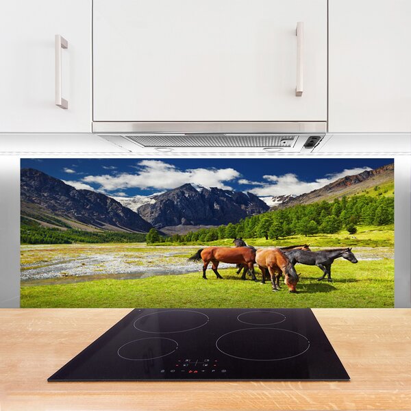 Sklenený obklad Do kuchyne Hory stromy kone zvieratá 125x50 cm
