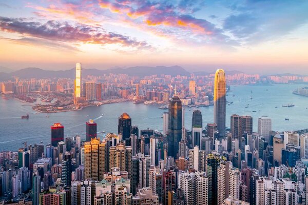 DIMEX | Vliesové fototapety na stenu Hongkong panoráma MS-5-1957 | 375 x 250 cm | modrá, biela, žltá