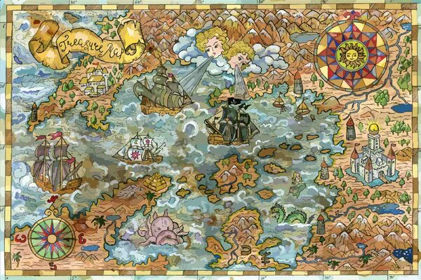 DIMEX | Vliesové fototapety na stenu Mapa s pirátskymi loďami MS-5-1523 | 375 x 250 cm | modrá, čierna, žltá, hnedá