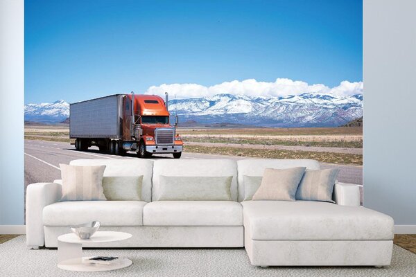 DIMEX | Vliesové fototapety na stenu Truck na ceste MS-5-2710 | 375 x 250 cm | modrá, biela, oranžová