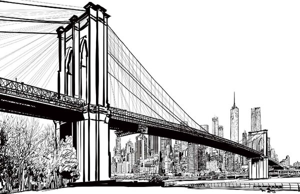 DIMEX | Vliesové fototapety na stenu Ilustrácie Brooklyn Bridge MS-5-2965 | 375 x 250 cm | biela, čierna