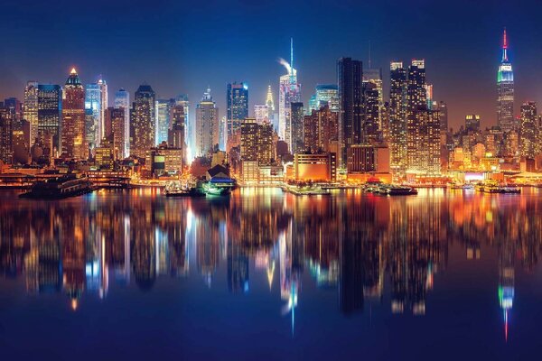 DIMEX | Vliesové fototapety na stenu New York panoráma v noci MS-5-2982 | 375 x 250 cm | modrá, čierna, žltá
