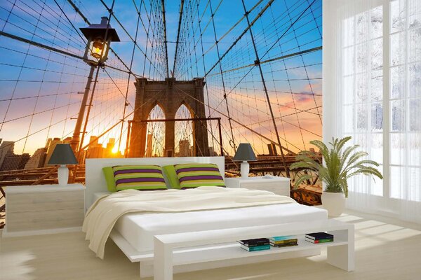DIMEX | Vliesové fototapety na stenu Brooklyn Bridge pri západe slnka MS-5-2966 | 375 x 250 cm | modrá, žltá, hnedá