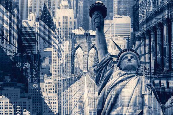 DIMEX | Vliesové fototapety na stenu New York koláž MS-5-2981 | 375 x 250 cm | modrá, biela