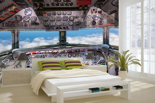 DIMEX | Vliesové fototapety na stenu Kokpit lietadla MS-5-2917 | 375 x 250 cm | modrá, žltá, šedá