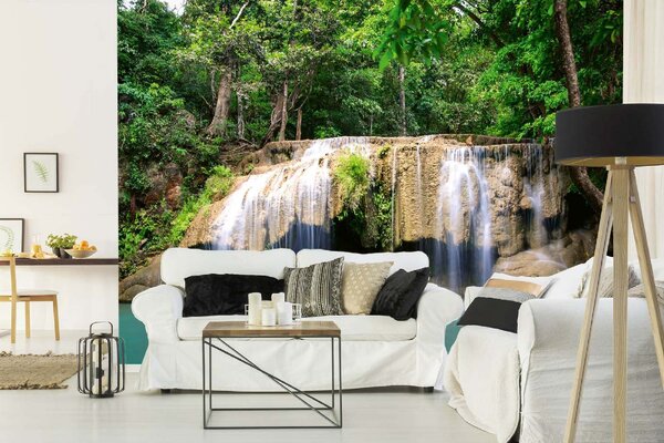 DIMEX | Vliesové fototapety na stenu Vodopád v NP Erawan MS-5-3253 | 375 x 250 cm | zelená, modrá, biela, hnedá