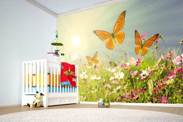 DIMEX | Vliesové fototapety na stenu Pole s motýlikmi MS-5-1299 | 375 x 250 cm | biela, žltá, oranžová, ružová