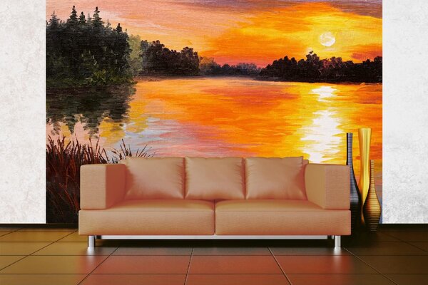 DIMEX | Vliesové fototapety na stenu Maľba - Jazero MS-5-2038 | 375 x 250 cm | zelená, žltá, oranžová, hnedá