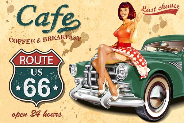 DIMEX | Vliesové fototapety na stenu Plagát Café Route 66 MS-5-2086 | 375 x 250 cm | zelená, červená, žltá, oranžová