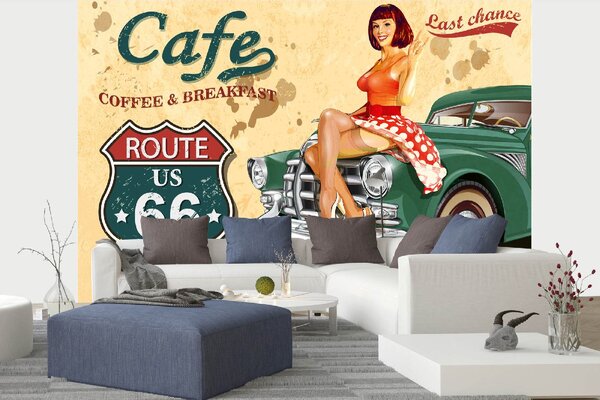 DIMEX | Vliesové fototapety na stenu Plagát Café Route 66 MS-5-2086 | 375 x 250 cm | zelená, červená, žltá, oranžová