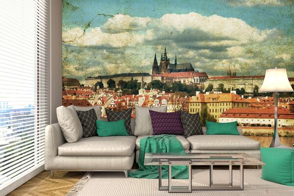 DIMEX | Vliesové fototapety na stenu Retro pohľadnice - Praha MS-5-2134 | 375 x 250 cm | modrá, červená, biela, hnedá