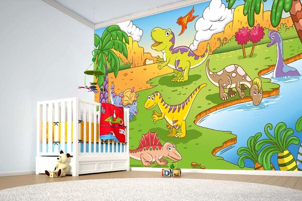 DIMEX | Vliesové fototapety na stenu Roztomilí dinosaury MS-5-1460 | 375 x 250 cm | zelená, modrá, červená, oranžová