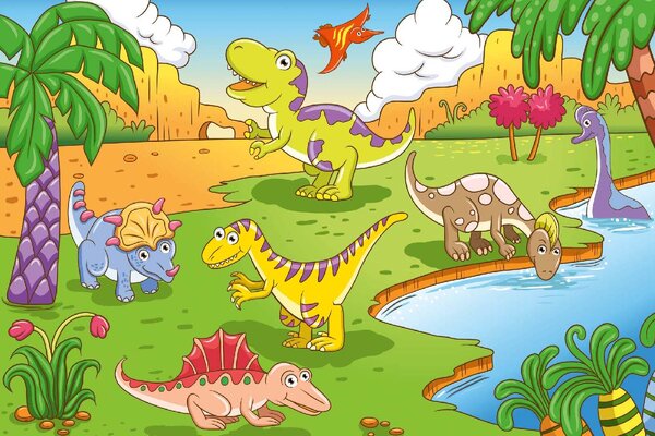 DIMEX | Vliesové fototapety na stenu Roztomilí dinosaury MS-5-1460 | 375 x 250 cm | zelená, modrá, červená, oranžová