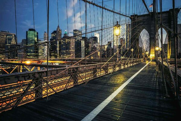DIMEX | Vliesové fototapety na stenu Brooklynský most v noci MS-5-2967 | 375 x 250 cm | modrá, biela, čierna, žltá