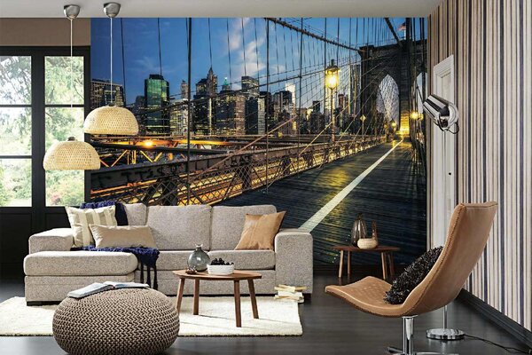 DIMEX | Vliesové fototapety na stenu Brooklynský most v noci MS-5-2967 | 375 x 250 cm | modrá, biela, čierna, žltá